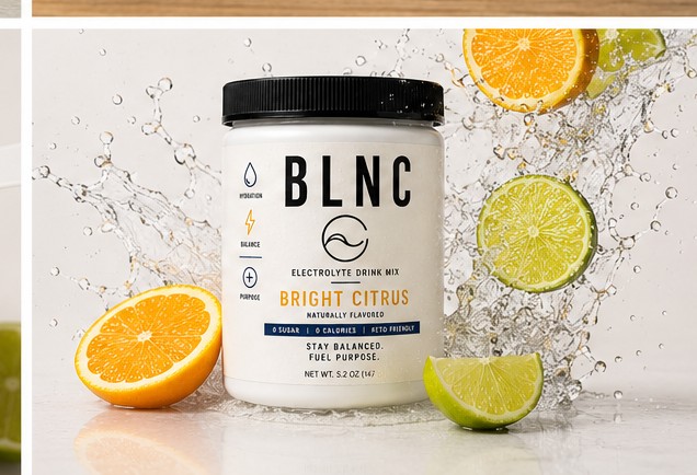 BLNC jar with a burst of water, orange, and lime around it.
